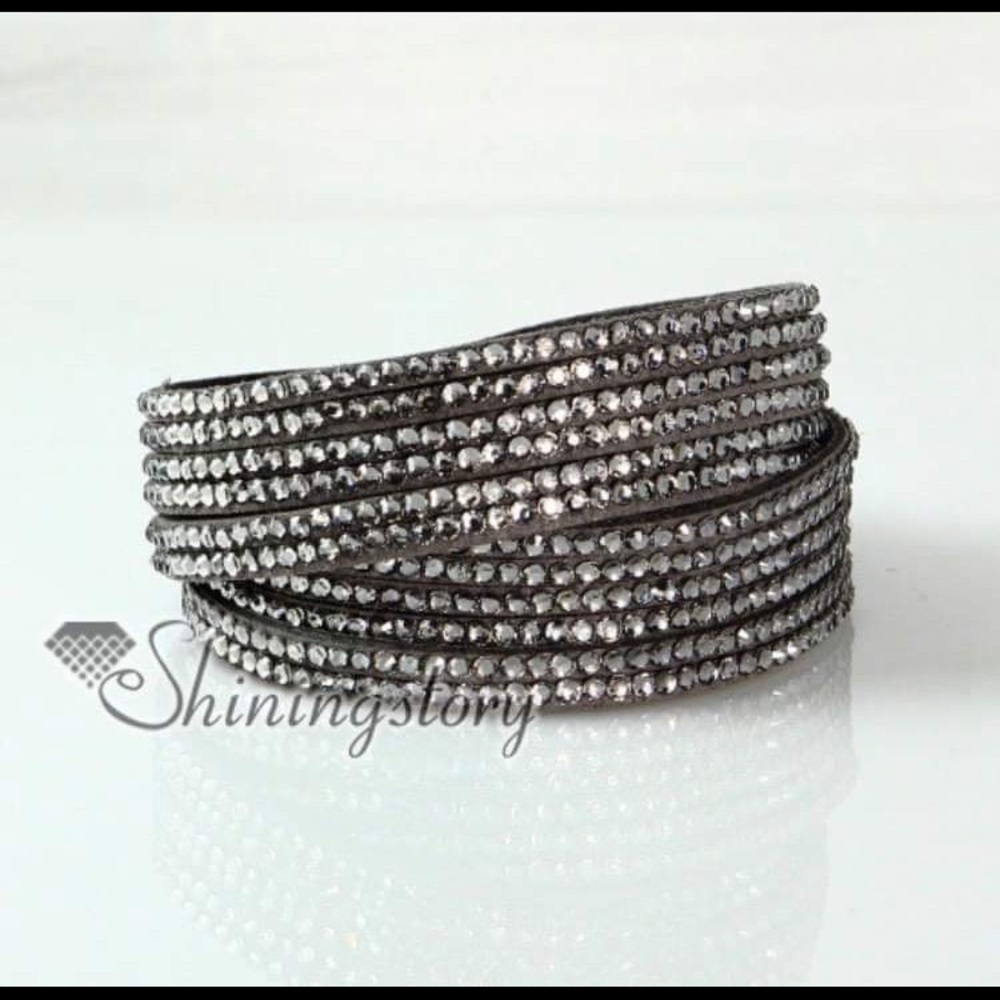 Leather crystal rhinestone wrap bracelet